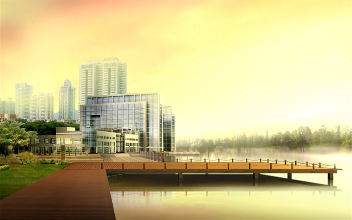 3D дизайн, городские высотные здания, река, причал обои,s изображение