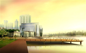 3D дизайн, городские высотные здания, река, причал HD обои