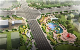 3D дизайн, городской дорожного движения, зеленые парки HD обои