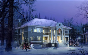3D дизайн, зимний дом, снег, ночь HD обои