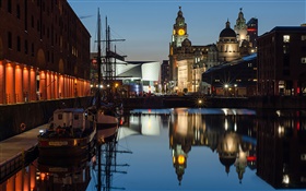 Albert Dock, ночь, дома, фонари, Ливерпуль, Англия