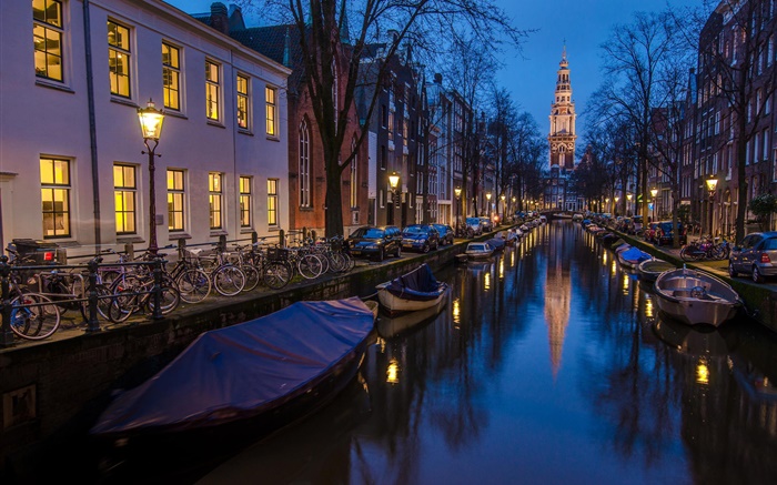 Амстердам, Голландия, ночь, дома, река, лодки, фонари обои,s изображение