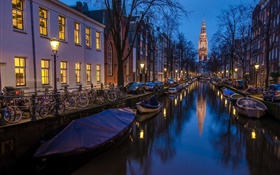 Амстердам, Голландия, ночь, дома, река, лодки, фонари HD обои