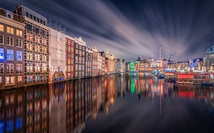 Амстердам, ночь, огни, дома, река, отражение обои,s изображение