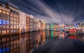 Амстердам, ночь, огни, дома, река, отражение