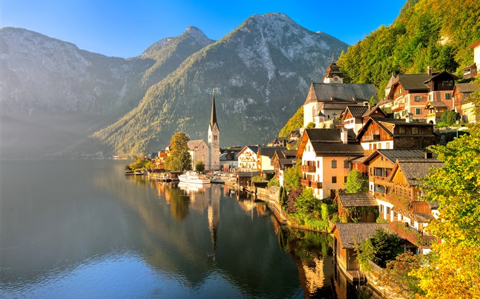 Австрия, Гальштат, Зальцкаммергут, дом, озеро, горы, солнечные лучи обои,s изображение