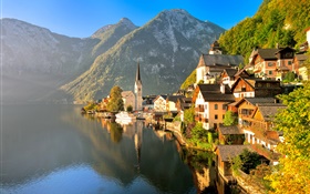 Австрия, Гальштат, Зальцкаммергут, дом, озеро, горы, солнечные лучи HD обои