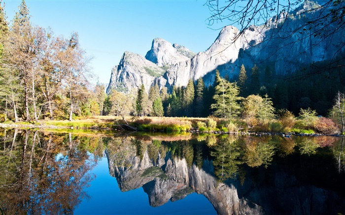 Осень, деревья, озеро, отражение воды, горы, солнце обои,s изображение