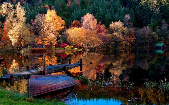 Осень, деревья, причал, лодка, озеро, вода отражение обои,s изображение