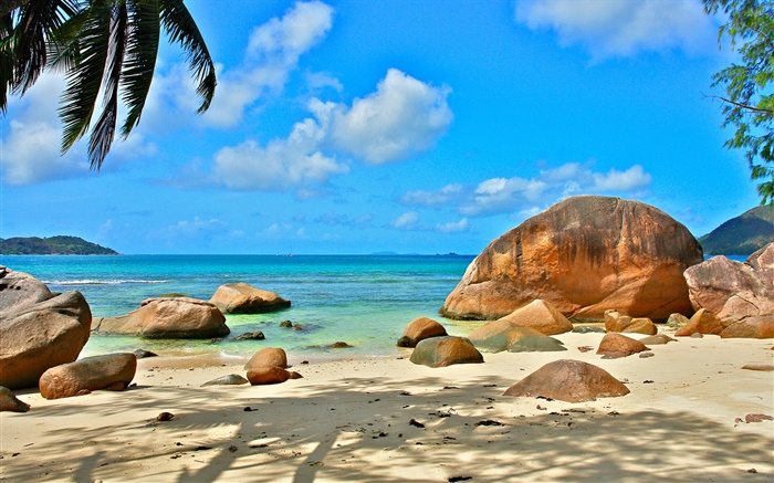 Пляж, море, камни, солнечные лучи, Сейшельские острова обои,s изображение