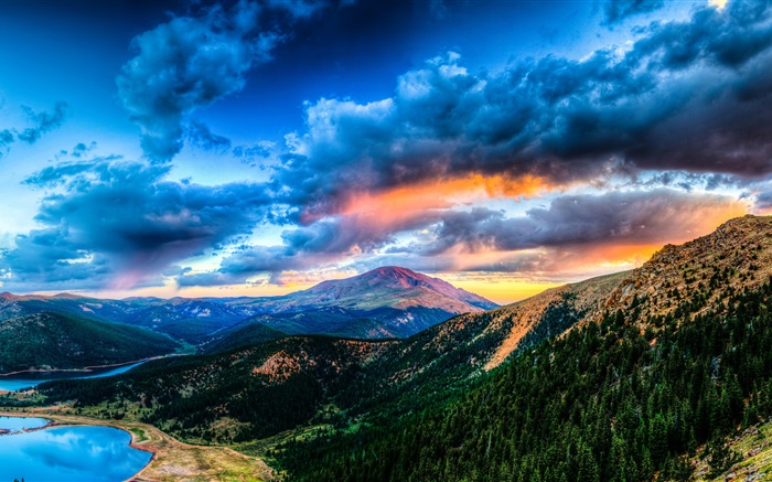 Красивый пейзаж, горы, озеро, лес, облака, закат обои,s изображение