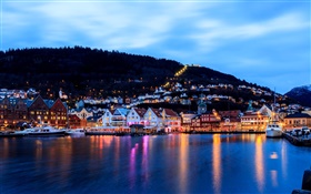 Берген, Норвегия, город, ночь, дома, море, лодки, фонари HD обои