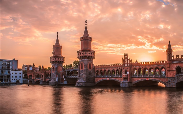 Берлин, Германия, закат, река, мост, здания обои,s изображение