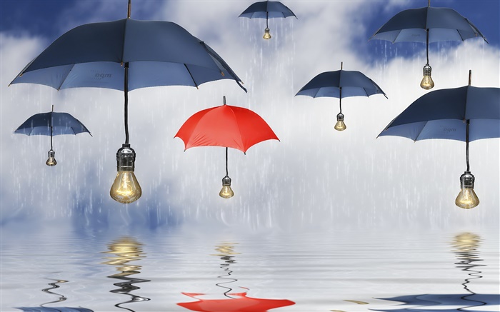 Синие и красные зонты, дождь, вода отражение, творческие фотографии обои,s изображение