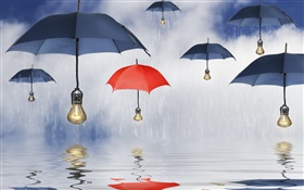 Синие и красные зонты, дождь, вода отражение, творческие фотографии HD обои