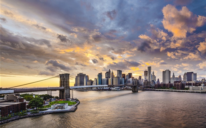 Бруклинский мост, Нью-Йорк, Манхэттен, США, небоскребы, сумерки обои,s изображение