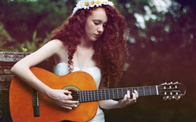 коричневые волосы девушка музыка, гитара HD обои