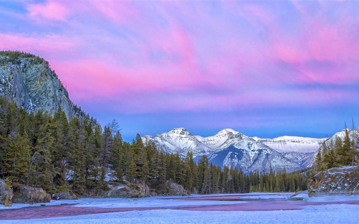 Канада, Национальный парк, река, горы, деревья, облака, зима обои,s изображение