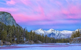 Канада, Национальный парк, река, горы, деревья, облака, зима