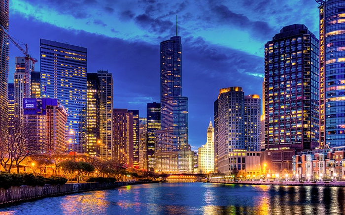 Чикаго, Иллинойс, США, небоскреб, река, огни, ночь обои,s изображение