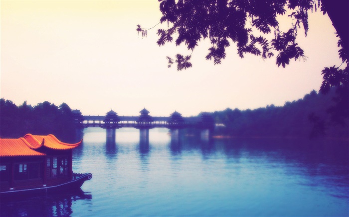 Китай, город, река, мост, деревья обои,s изображение