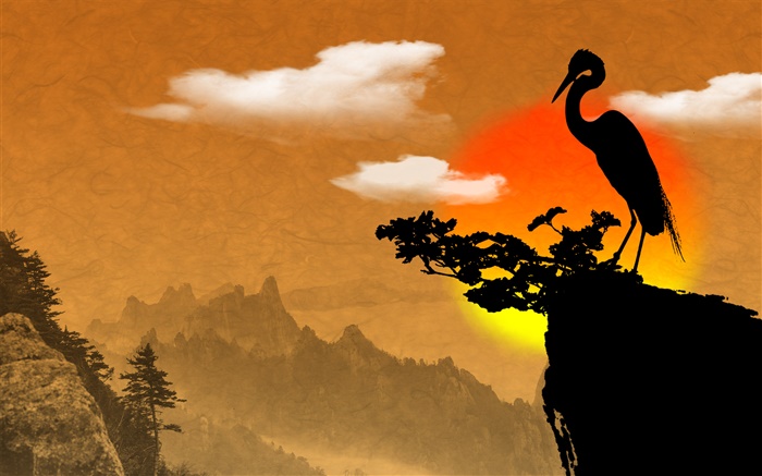Китайская тушь искусство, птица, скала, сумерки обои,s изображение