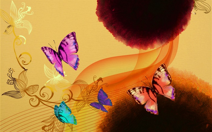 Китайская тушь искусство, красочные бабочки обои,s изображение