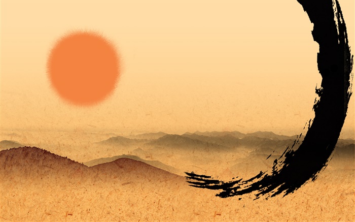 Китайская тушь искусство, красное солнце обои,s изображение