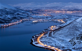 Городские огни, снег, зима, ночь, Тромсё, Норвегия