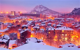Город, огни, зима, ночь, снег, Пловдив, Болгария