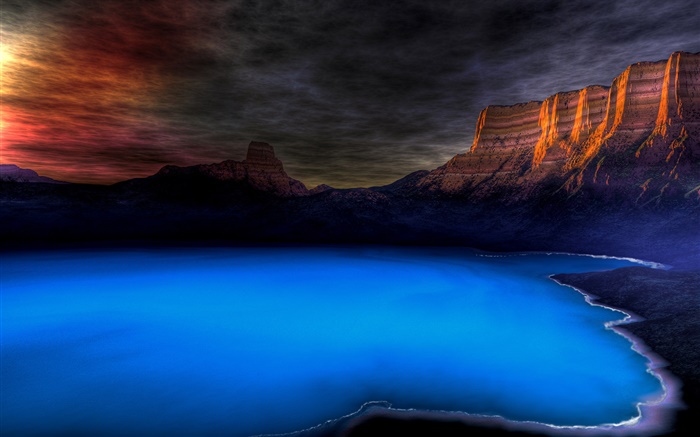Скала, озеро, облака, ночь обои,s изображение