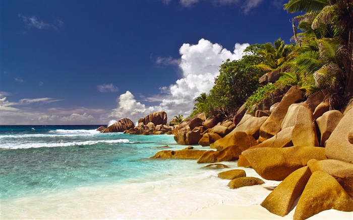 Побережье, пляж, камни, море, облака, Сейшельские острова обои,s изображение