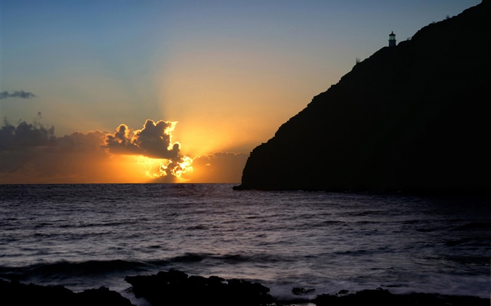 Побережье, море, скалы, облака, солнце, закат обои,s изображение
