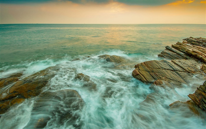 Побережье, море, камни, поток, сумерки обои,s изображение