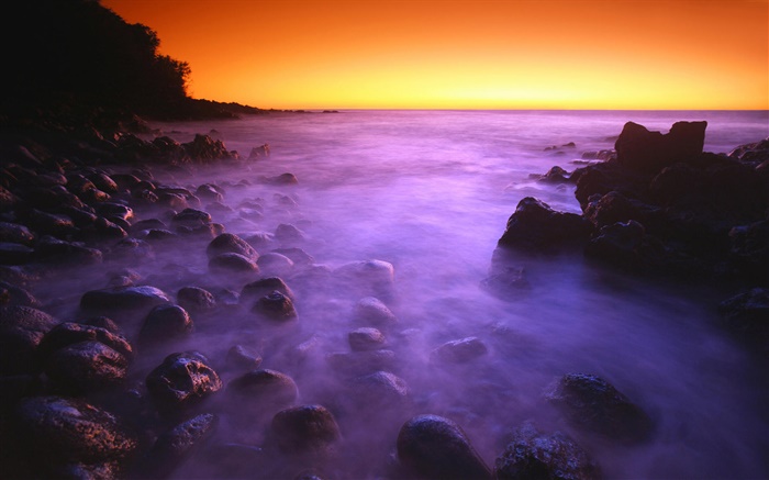 Побережье, море, камни, восход солнца, красное небо обои,s изображение