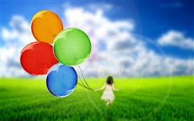 Красочные воздушные шары, милая девушка, трава, зеленый, небо HD обои