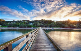 Корнваллис Уорф, деревянный мост, закат, манукау Харбор, Новая Зеландия HD обои