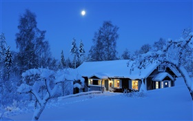 Загородный дом, ночь, зима, снег, луна, Даларна, Швеция