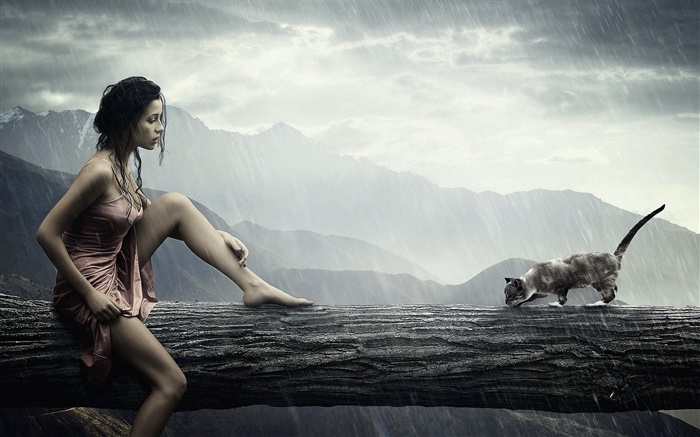 Творческие фотографии, девушка в дождь, кошка ищет что-то обои,s изображение