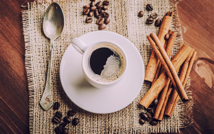 Чашка кофе, блюдца, ложки, кофе в зернах обои,s изображение
