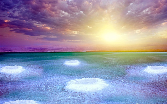 Мертвое море, закат, облака, соль обои,s изображение