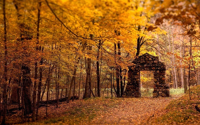 Лес, деревья, осень, красный стиль, каменные ворота обои,s изображение