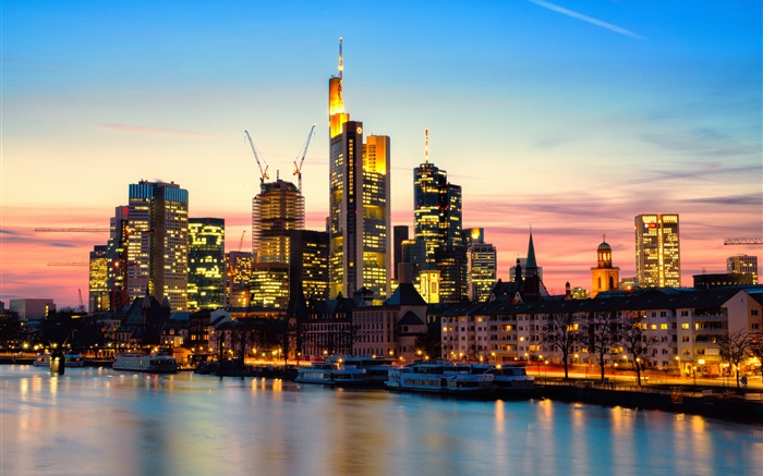 Франкфурт, Германия, город, небоскребы, сумерки, закат, огни, река обои,s изображение