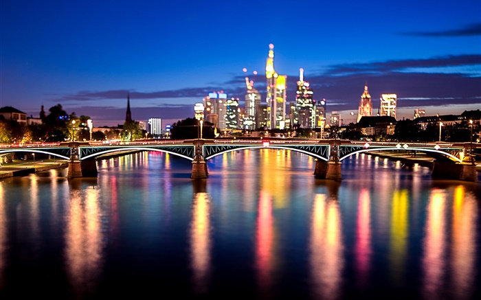 Франкфурт, Главная река, Германия, город, мост, огни, ночь обои,s изображение