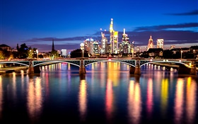 Франкфурт, Главная река, Германия, город, мост, огни, ночь
