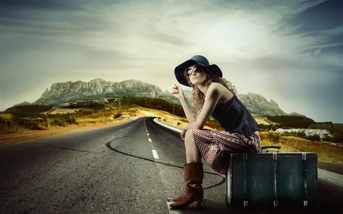 Девушка с чемоданом, сидеть дороги обои,s изображение