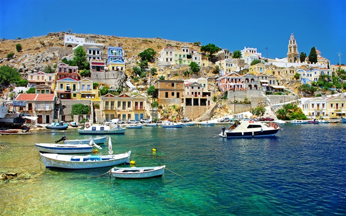 Греция, дома, побережье, море, лодки обои,s изображение