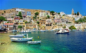 Греция, дома, побережье, море, лодки