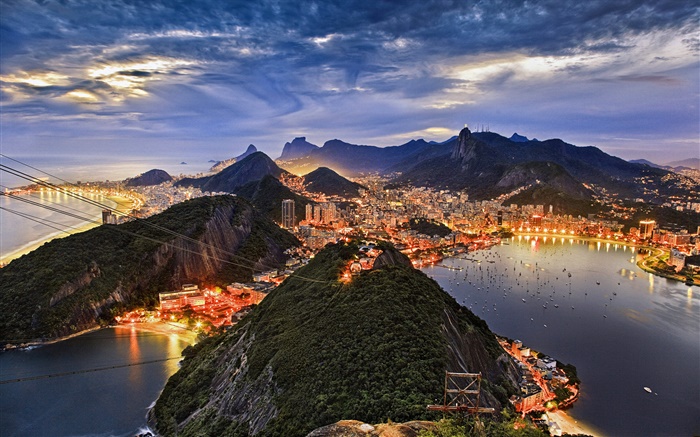 Залив Гуанабара, город, побережье, ночь, огни, Рио-де-Жанейро, Бразилия обои,s изображение