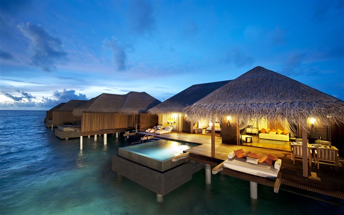Отель, Мальдивские о-ва, Индийский океан, ночь, огни обои,s изображение